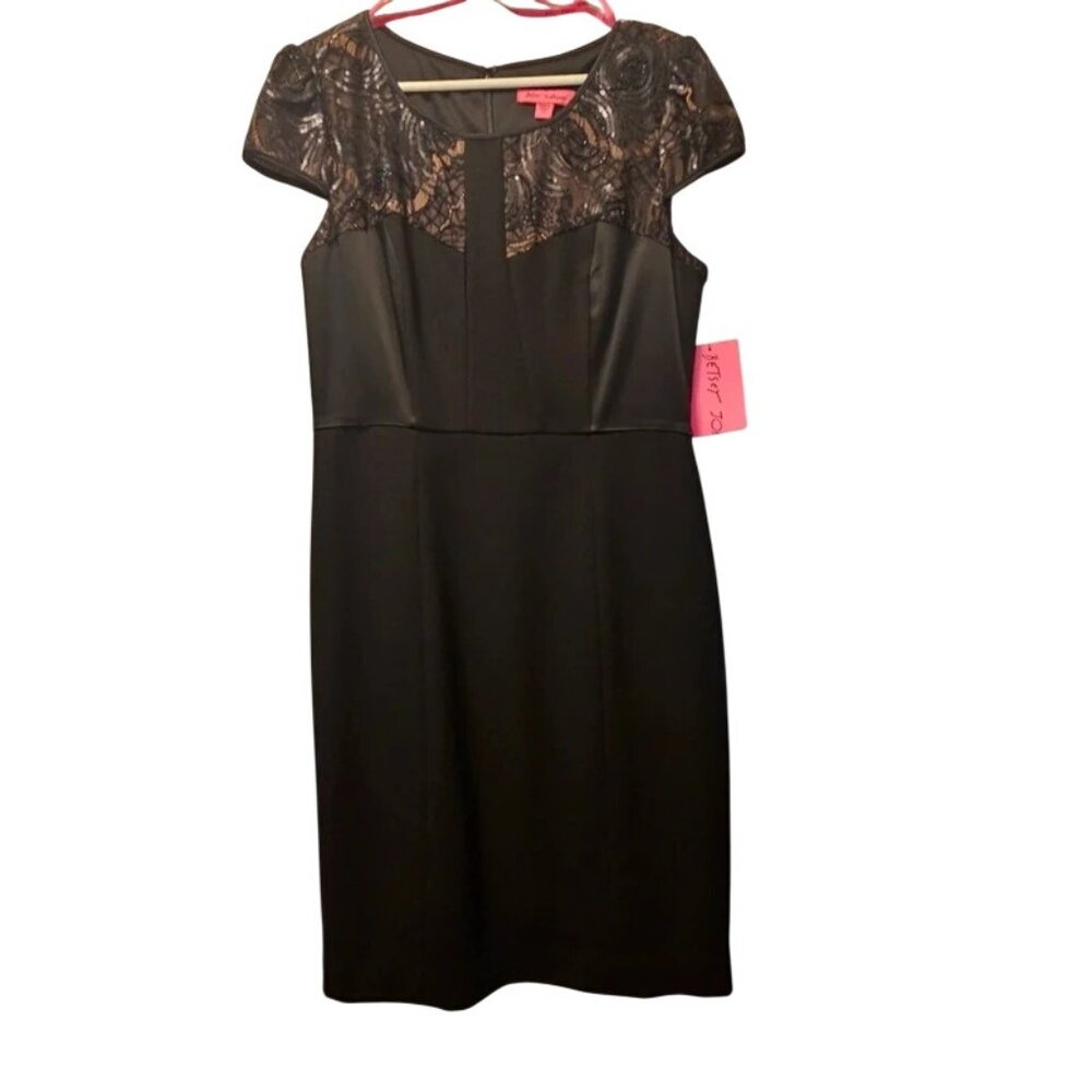 Betsey Johnson Black Lace & Sequin Cocktail Dress Size 10 Cap Sleeves Sheath Sty